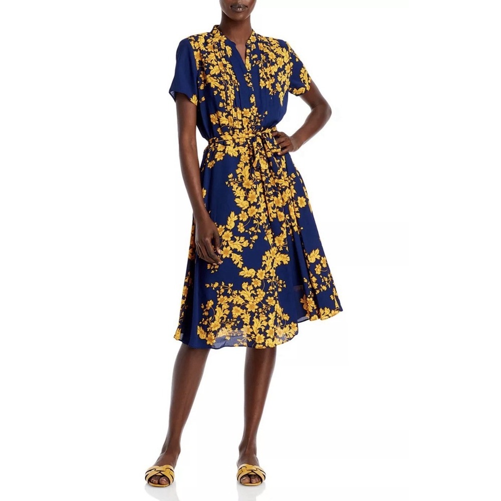 Nanette Lepore Navy Gold Floral Chiffon Henley Collar Dress Size 10 Cottagecore